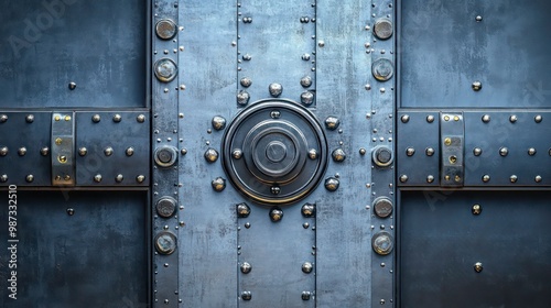 A close-up shot of a weathered steel door with rivets, bolts, and a circular design.