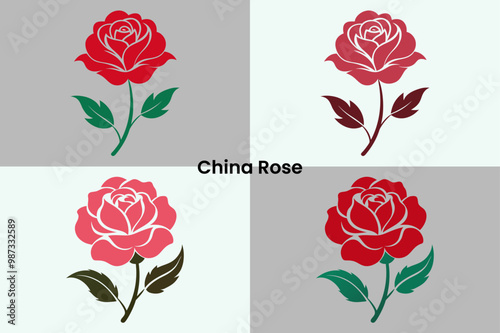 Vibrant China Rose Illustration with Bold Red Petals"