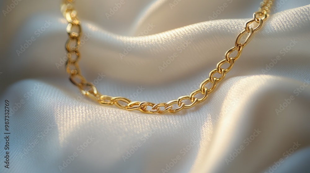 Delicate gold chain resting on white fabric, with intricate details in soft lighting, close-up Delicate gold chain resting on white fabric, with intricate details in soft lighting, close-up