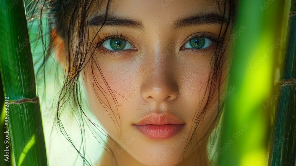 Close up portrait beautiful young Asian woman behind bamboo Close up portrait beautiful young Asian woman behind bamboo