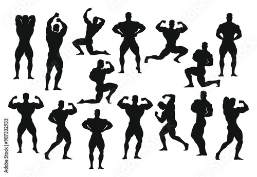 A set of 15 bodybuilders silhouettes in different poses