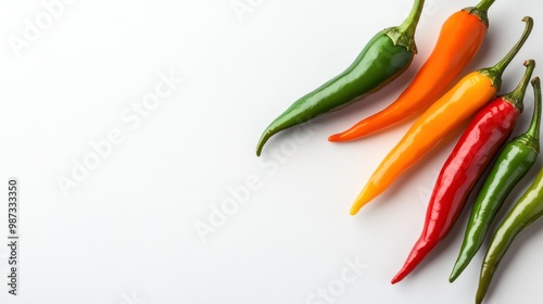 Four colorful chili peppers on a white background, green, orange, yellow, and red. photo