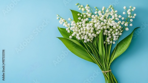 A bouquet of lily of the valley flowers with green leaves on a blue background.