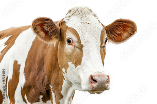 Wallpaper Mural A close-up portrait of a brown and white cow with large, expressive eyes on white background. Farm animals. Torontodigital.ca