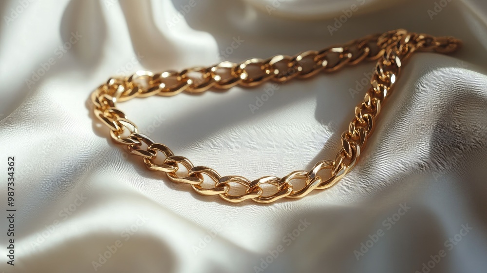 Gold chain necklace carefully placed on white fabric, intricate design and texture highlighted Gold chain necklace carefully placed on white fabric, intricate design and texture highlighted