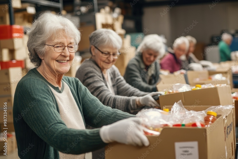 group of senior women volunteering at food fund, packing boxes of groceries, with smiles and sense of purpose in their work group of senior women volunteering at food fund, packing boxes of groceries, with smiles and sense of purpose in their work