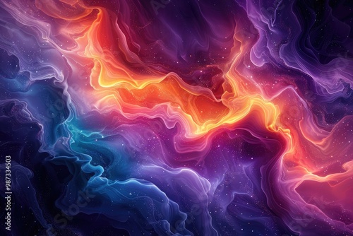 A vibrant, swirling abstract cosmic background with fluid colors and star-like elements.