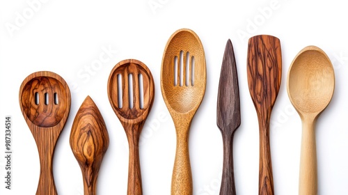 Six wooden kitchen utensils in various shapes and sizes, isolated on white background.