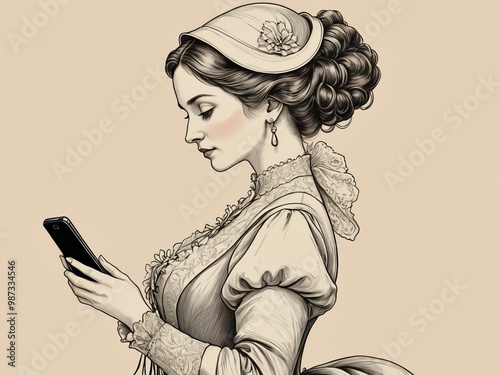 Portrait of a Victorian woman dressed in the period clothes holding a smartphone