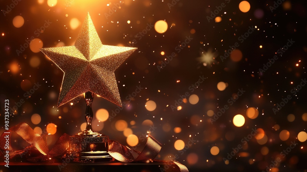 Golden star trophy atop a podium with glitter effects and ribbon decorations, bokeh light accents Golden star trophy atop a podium with glitter effects and ribbon decorations, bokeh light accents