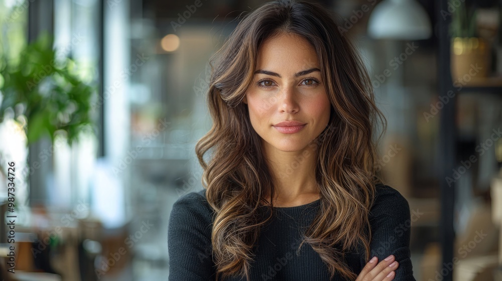 Latin or eastern middle age female ceo leader businesswoman standing in office. Portrait of beautiful successful hispanic young business woman with crossed arms looking confident aside. Copy space Latin or eastern middle age female ceo leader businesswoman standing in office. Portrait of beautiful successful hispanic young business woman with crossed arms looking confident aside. Copy space