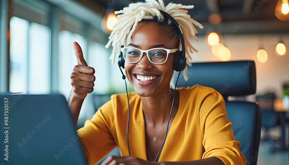 Portrait of beautiful black woman with white afro hairstyle, working in office with head set and laptop, , thumbs up gesture, business people