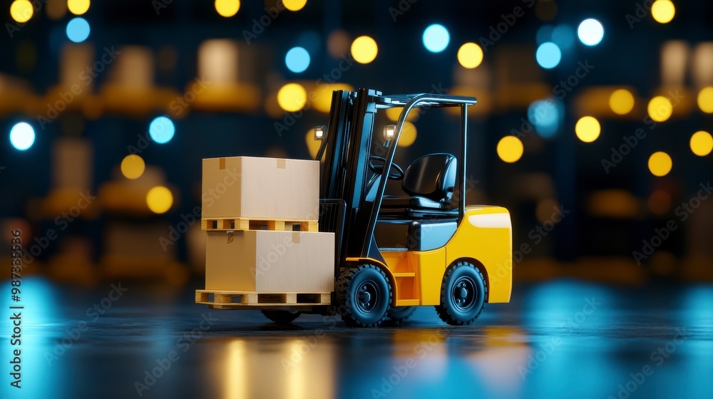 Forklift in action, loading boxes, representing industrial efficiency, growth, logistics Forklift in action, loading boxes, representing industrial efficiency, growth, logistics