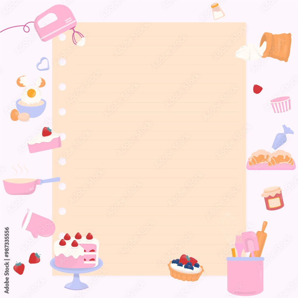 Note paper with bakery ingredients background Note paper with bakery ingredients background