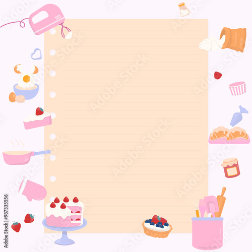 Note paper with bakery ingredients background