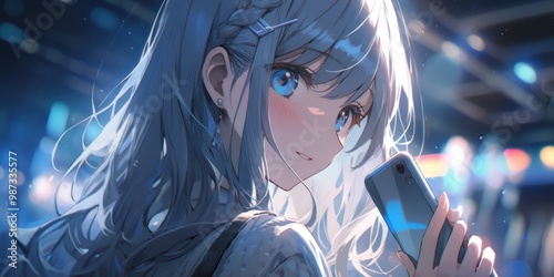 Anime girl with blue eyes and grey hair looking at her phone