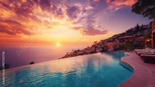 Infinity pool at a luxury resort, Mediterranean Sea stretching toward a colorful sunset over a charming hillside town.