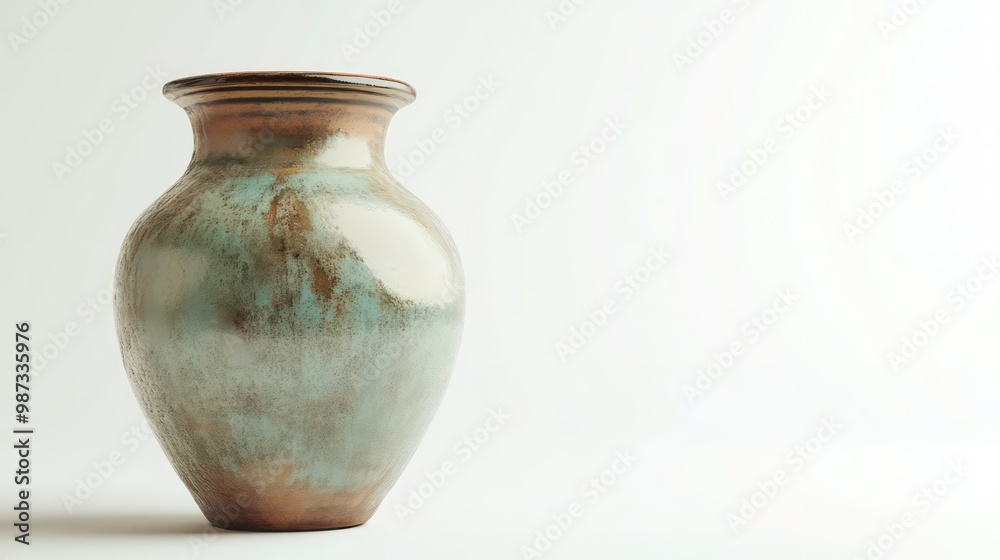 A single, wide-mouthed ceramic vase, with a green and brown glaze, stands against a white backdrop. A single, wide-mouthed ceramic vase, with a green and brown glaze, stands against a white backdrop.