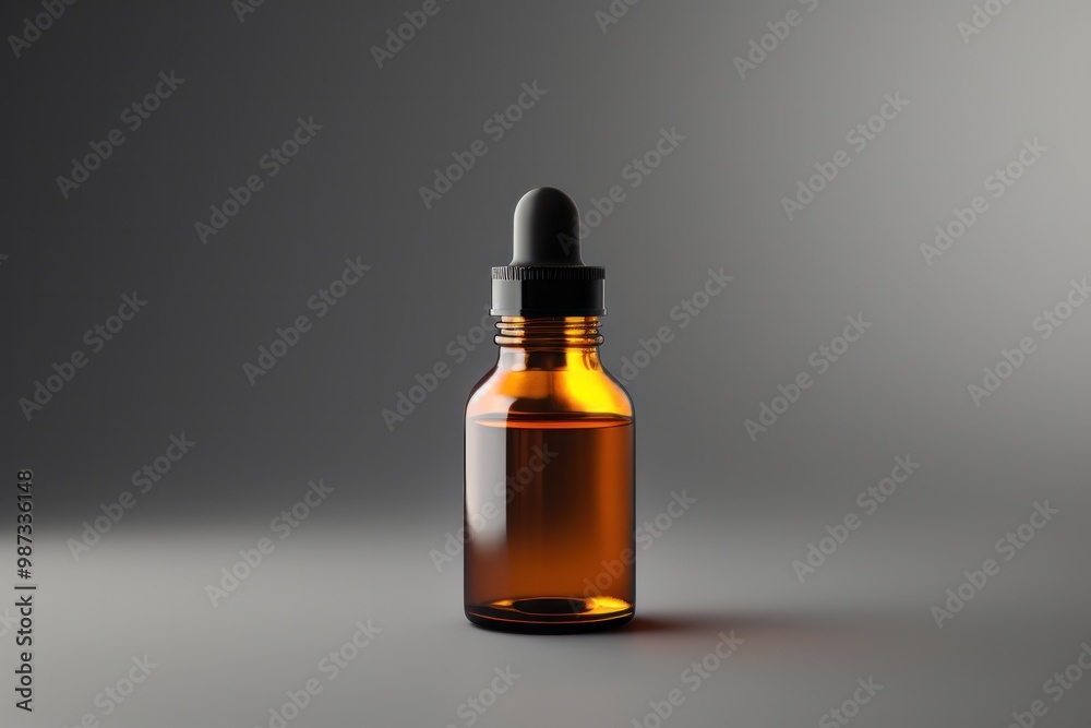 A 3D rendering of an amber glass dropper bottle, isolated on a white background. The bottle is rendered with realistic textures and lighting A 3D rendering of an amber glass dropper bottle, isolated on a white background. The bottle is rendered with realistic textures and lighting