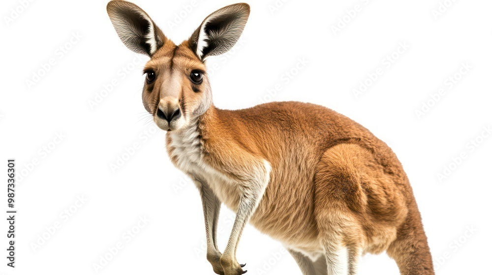 A red kangaroo stands on a white background, looking directly at the camera. A red kangaroo stands on a white background, looking directly at the camera.