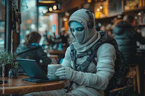 halloween modern day monster mummy wrapped in perfectly clean white bandages sitting at a coffee shop cafe