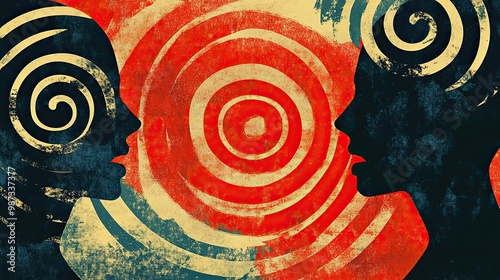 Conceptual flat design image representing the cycle of verbal abuse, featuring spirals and contrasting colors, emphasizing the repetitive nature of hurtful words