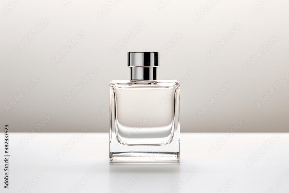 A clear glass perfume bottle with a minimalist label and branding, allowing the bottle itself to take center stage