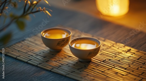 Simple yet elegant, two small cups of tea arranged on a bamboo mat with warm lighting. photo