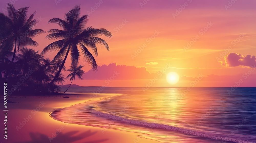 Tropical sunset with palm trees on a sandy beach.