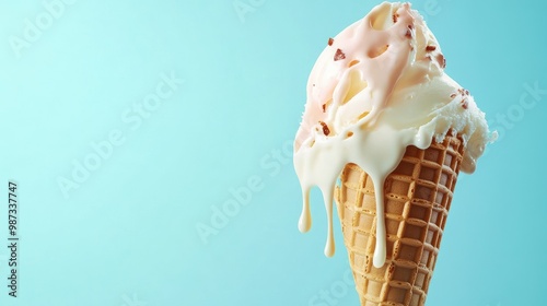 Soft serve ice cream cone melting and dripping on a light blue background, colorful and playful design