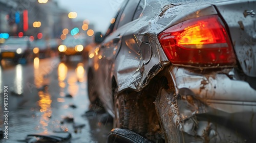 Close-up view of the damaged gray car