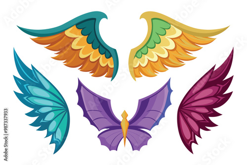 A set of colorful wing pairs, each exhibiting a unique design and a rich palette of colors, creating a stunning visual display.