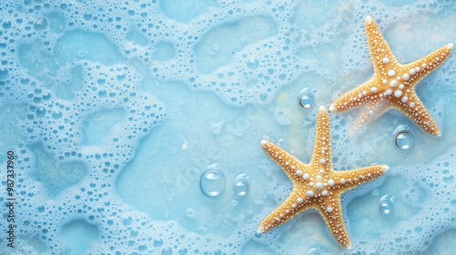 Starfish and bubbles on a light blue background, creating a calm and peaceful oceanic scene photo