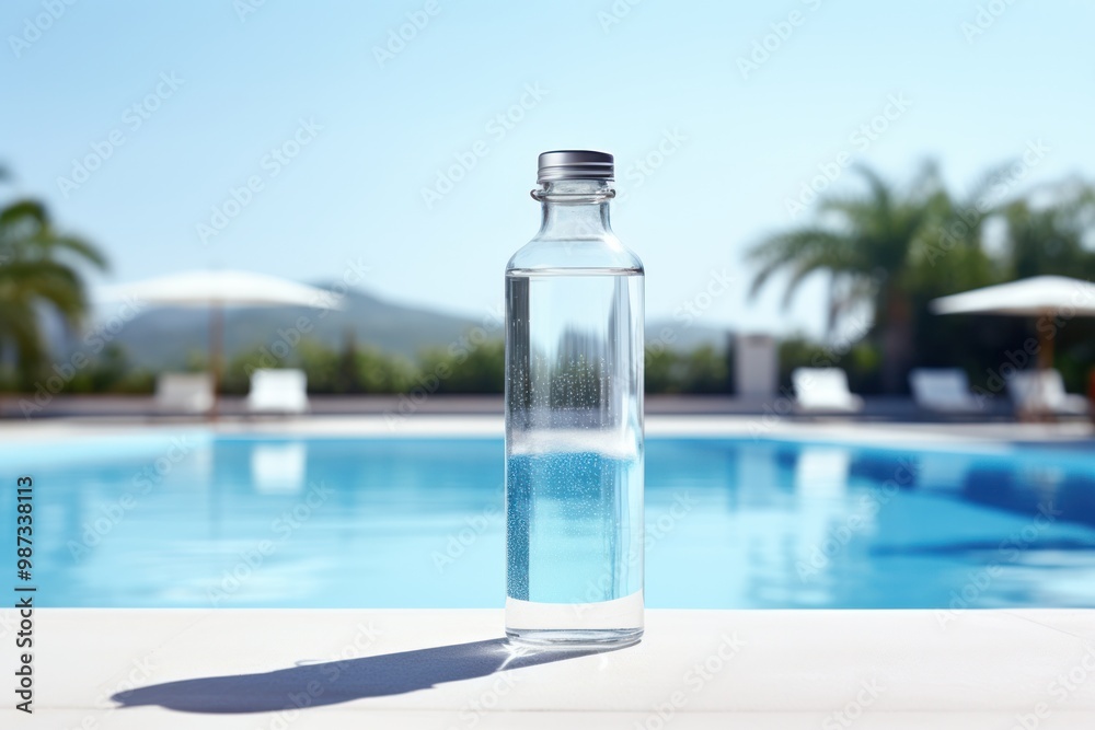 Fototapeta premium A clear water bottle perched precariously on the edge of a swimming pool, capturing the essence of summer