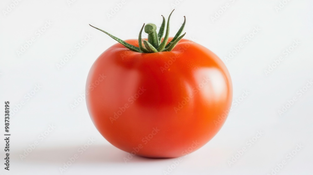 A single ripe, golden yellow tomato with a green stem sits on a white background. A single ripe, golden yellow tomato with a green stem sits on a white background.