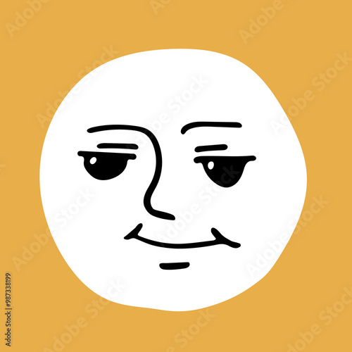 Hand drawn cartoon round face. Lined, liner pen. 