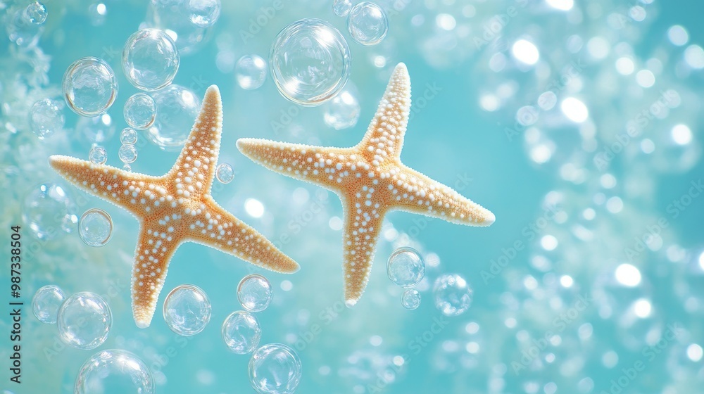 Three starfish floating among bubbles on a light blue background, creating a calm and peaceful scene Three starfish floating among bubbles on a light blue background, creating a calm and peaceful scene