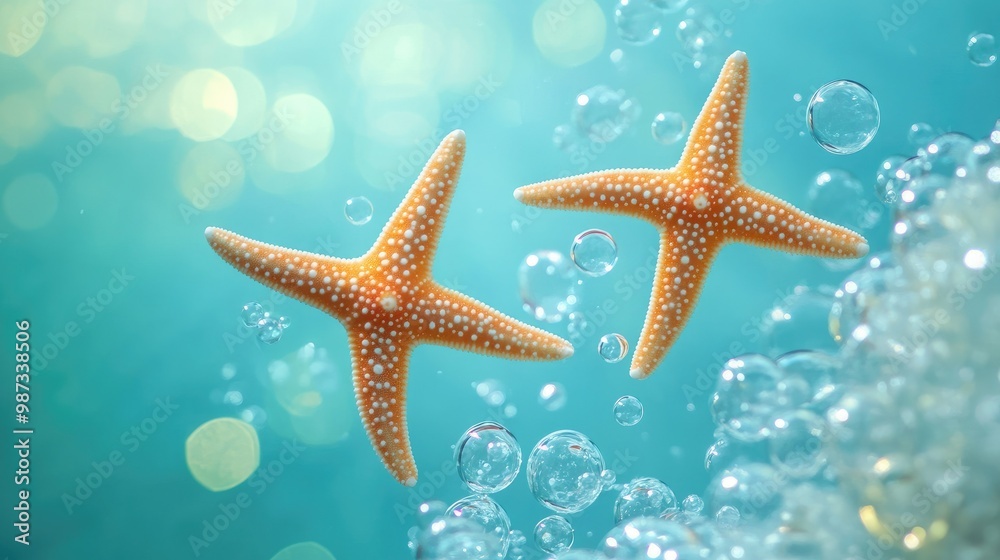 Three starfish floating among bubbles on a light blue background, creating a calm and peaceful scene Three starfish floating among bubbles on a light blue background, creating a calm and peaceful scene