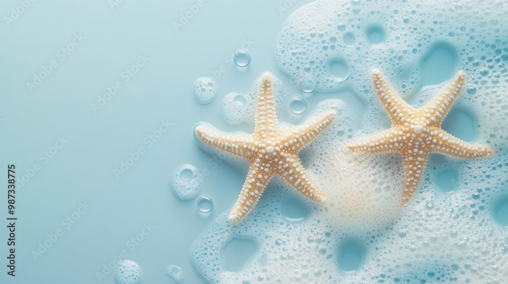 Three starfish surrounded by bubbles, placed on a smooth light blue background, serene and soft Three starfish surrounded by bubbles, placed on a smooth light blue background, serene and soft