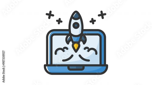 Animated startup with laptop screen with rocket launching and stars, perfect for technology, innovation, space exploration, astronomythemed designs, presentations, and educational materials photo