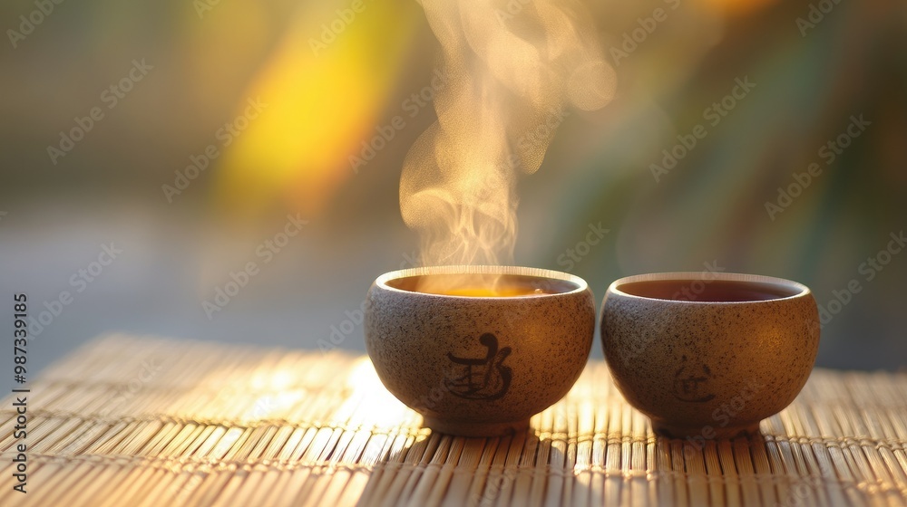 Two small tea cups, steaming with warmth, rest on a bamboo mat, creating a moment of serenity.