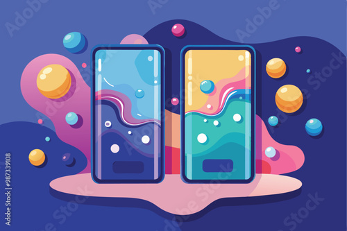 Two smartphones filled with colorful liquids and bubbles, create an engaging and lively aesthetic.