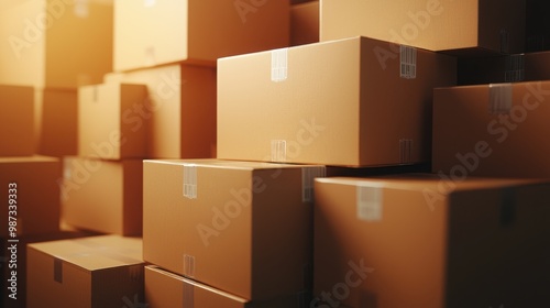 Stacked cardboard boxes in warm lighting, creating a sense of storage and organization within a warehouse or delivery setting.