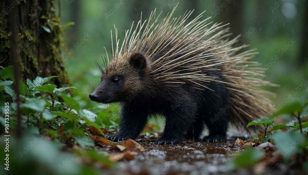 Close up of a porcupine walking through the forest. Wildlife photography with focus on animal with spines. Close up of a porcupine walking through the forest. Wildlife photography with focus on animal with spines.