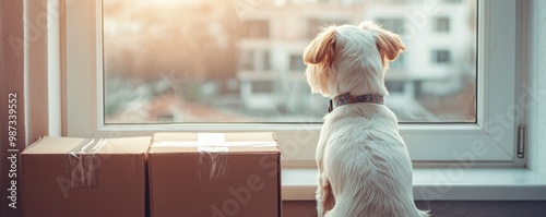 A dog gazes out a window, surrounded by boxes, capturing a moment of curiosity and anticipation as sunlight streams in. photo