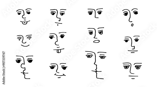 Set of hand drawn liner pen faces. Stares and glances of cartoon characters.