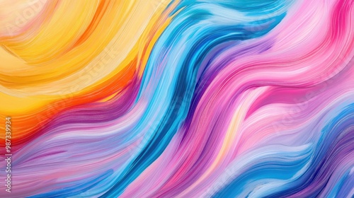 Wavy brushstrokes in multicolor gradient, flowing across the canvas in a curly and dynamic pattern