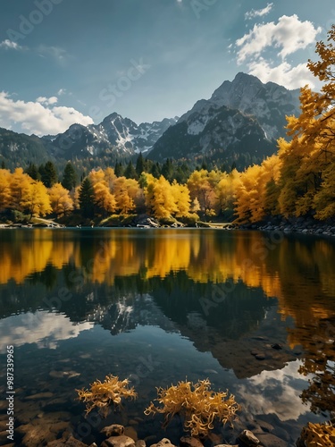 Autumn landscape with a yellow tree by a mountain lake.