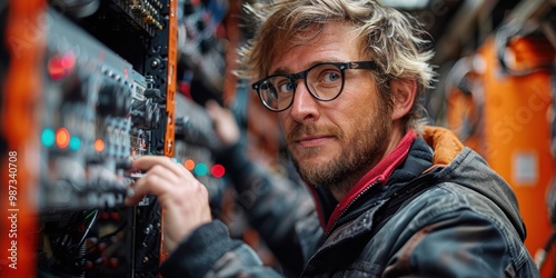 Man working on a panel with many buttons