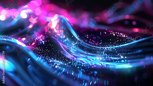 Ethereal waves of blue and pink adorned with glowing particles